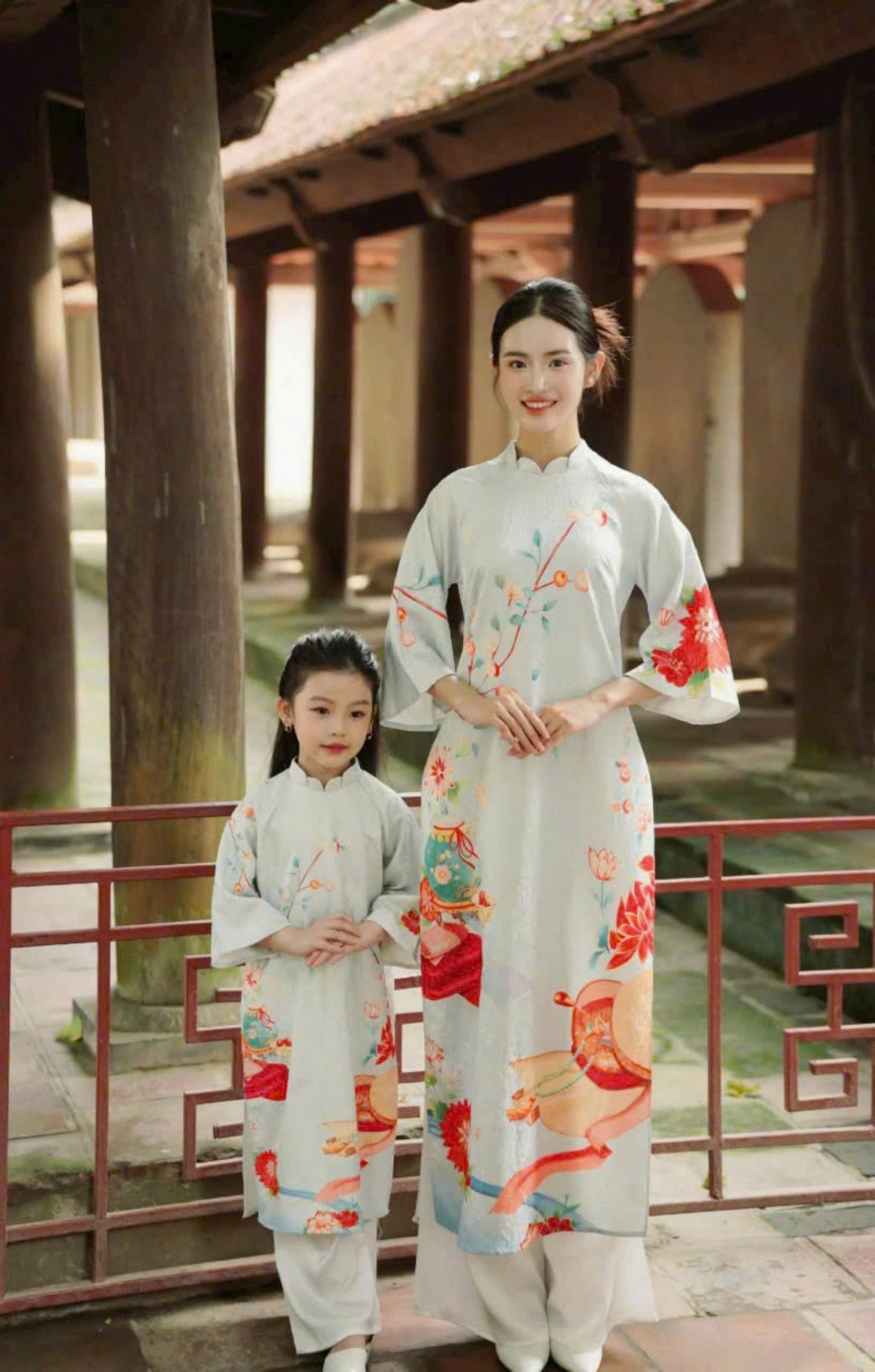 Green Matching Mother Daughter | Áo Dài Đôi Mẹ và Bé Gái