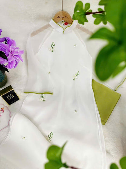 White Chiffon Ao Dai -  White Floral Beaded Vietnamese Ao Dai