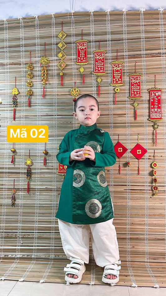 Áo Dài Gấm Đồng Tiền Bé Trai- Vietnamese Long Dress Ao Dai For Kid