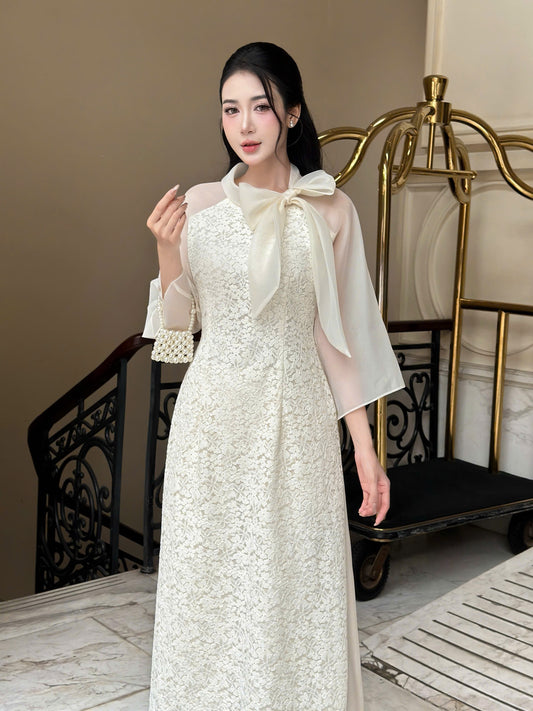 YEN CHI Ao Dai | Cream Floral embroidery Lace Ao Dai | Modern Vietnamese Ao Dai