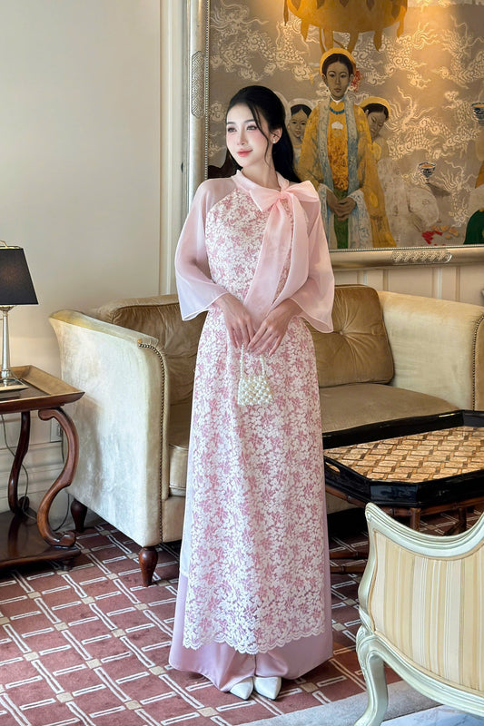 YEN CHI Ao Dai | Pink Floral embroidery Lace Ao Dai | Modern Vietnamese Ao Dai