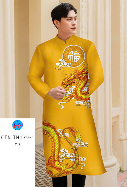 Men's Ao Dai - Yellow Dragon Pattern Printed Ao Dai