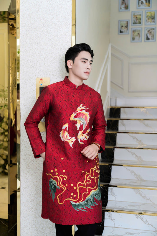 Red Embroidered Ao Dai Men - Vietnamese Ao Dai Men for tet
