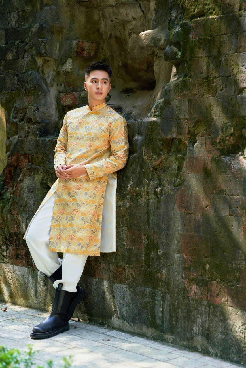 Floral-Dragon Jacquard Long Dress - Gold Gam Ao Dai For Men