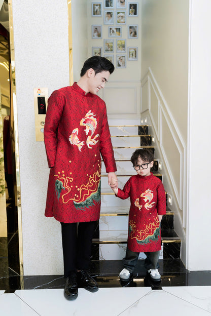 Red Embroidered Ao Dai Men - Vietnamese Ao Dai Men for tet