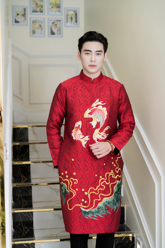Red Embroidered Ao Dai Men - Vietnamese Ao Dai Men for tet