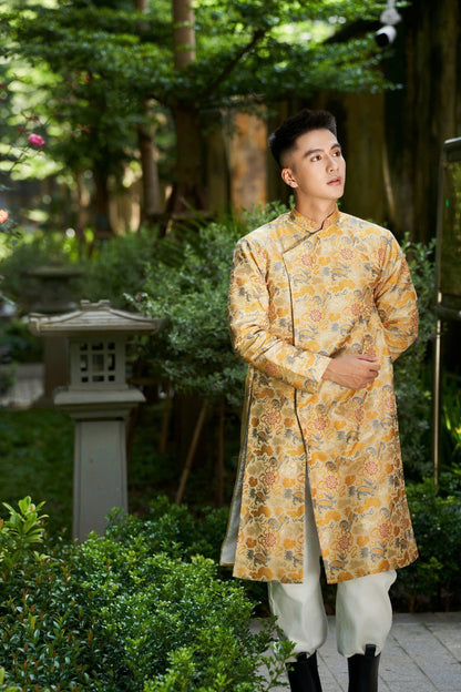 Floral-Dragon Jacquard Long Dress - Gold Gam Ao Dai For Men