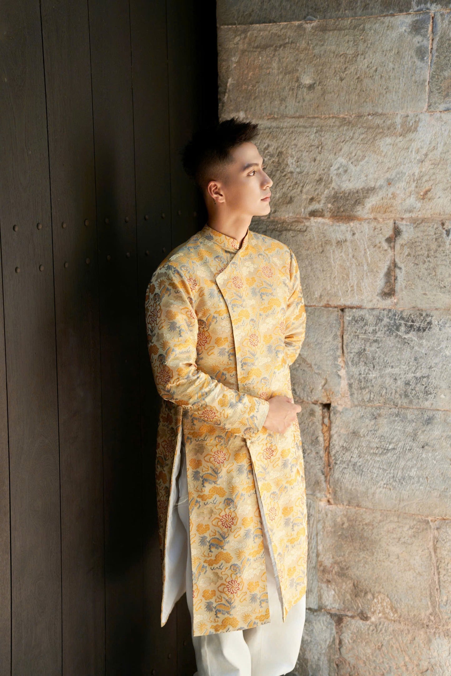 Floral-Dragon Jacquard Long Dress - Gold Gam Ao Dai For Men