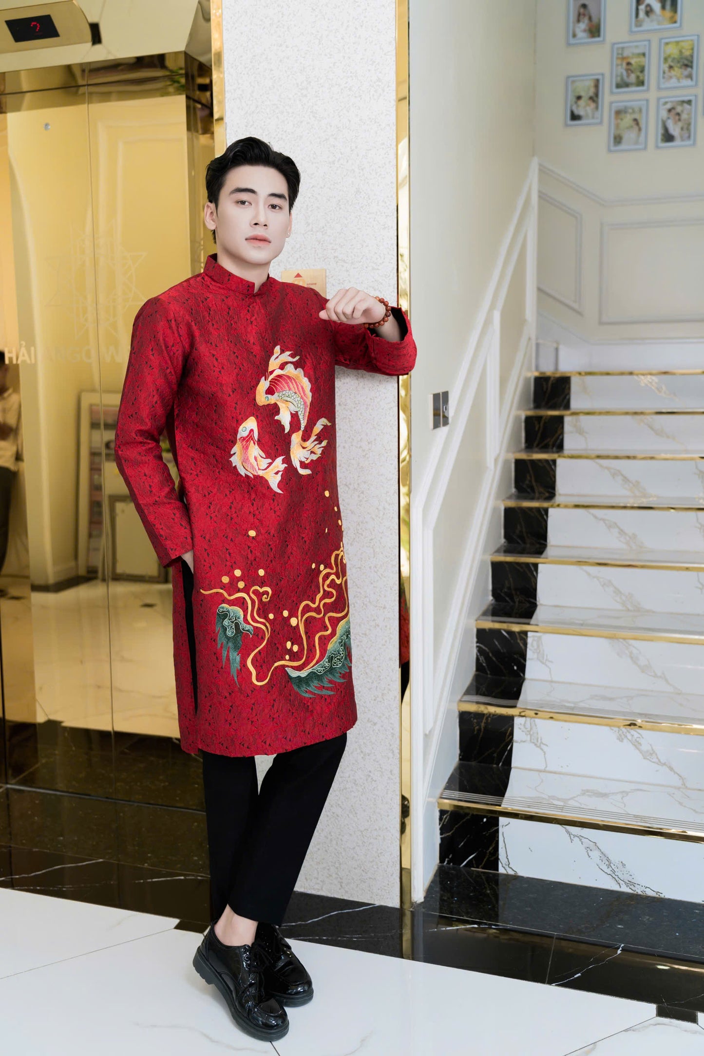 Red Embroidered Ao Dai Men - Vietnamese Ao Dai Men for tet