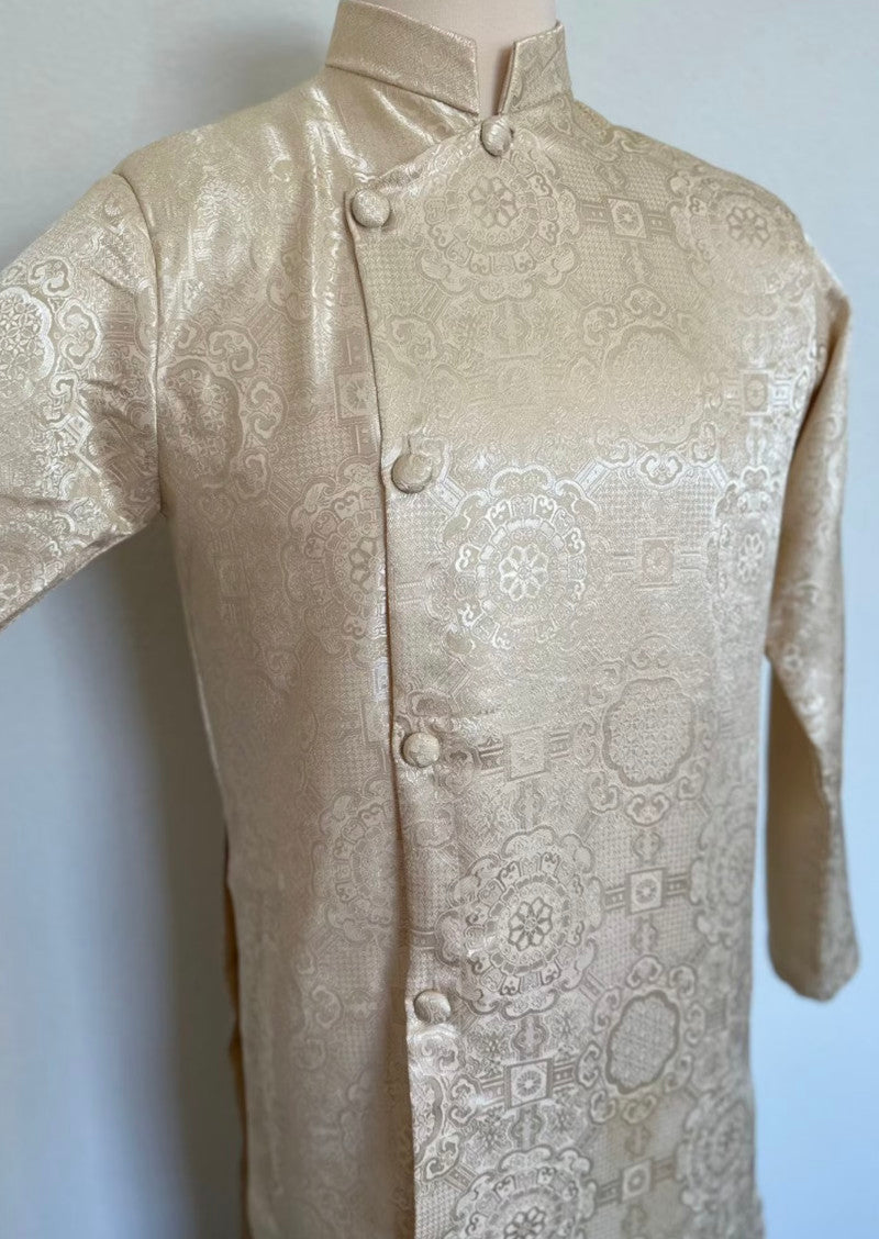 Cream Square Brocade Ao Dai For Men - Ao Dai Truyen Thong Nam | Men Dress