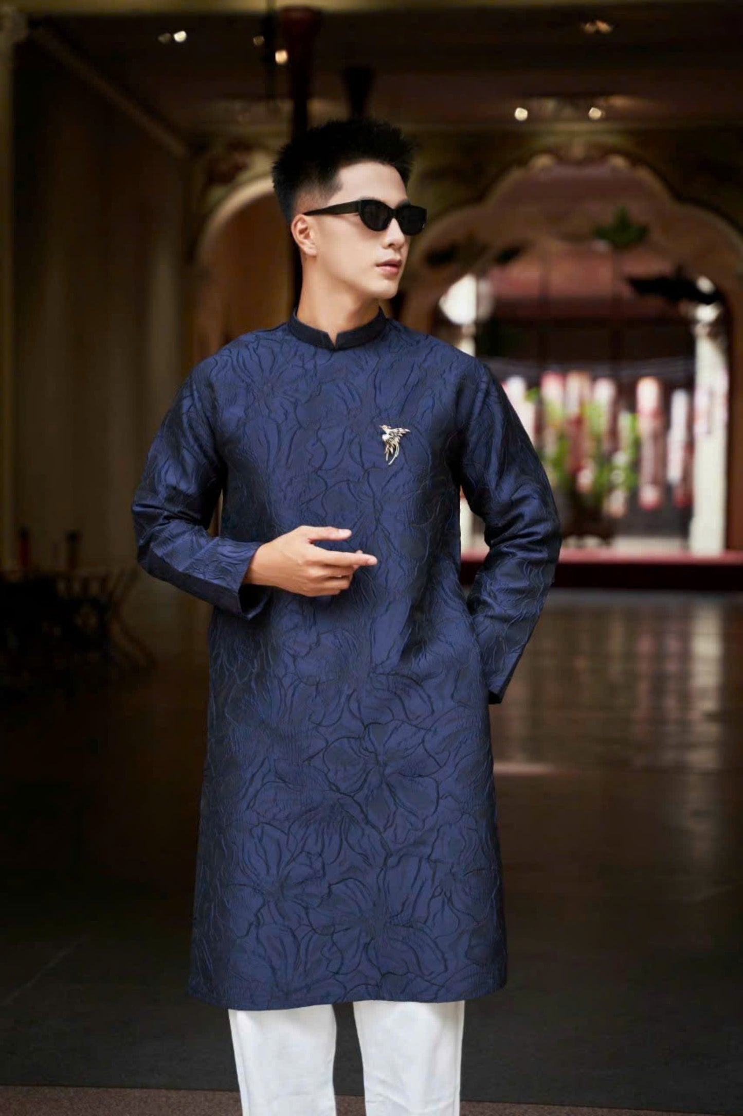 Lily Flower Jacquard Men Ao Dai - Dark Purple Ao Dai For Men