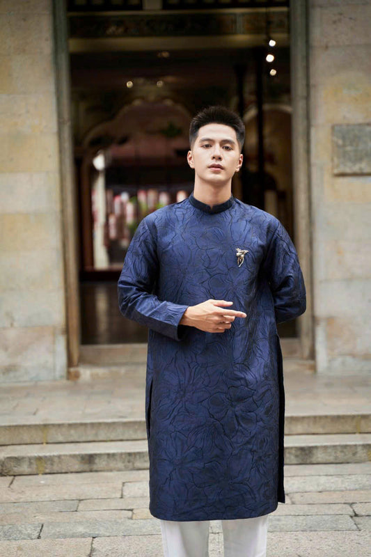 Lily Flower Jacquard Men Ao Dai - Dark Purple Ao Dai For Men