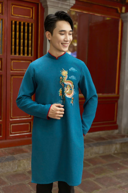 Blue Dragon Pattern Ao Dai Men- Traditional Ao Dai Men