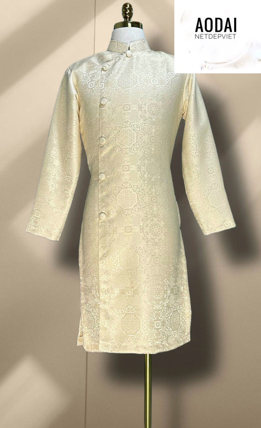 Cream Square Brocade Ao Dai For Men - Ao Dai Truyen Thong Nam | Men Dress