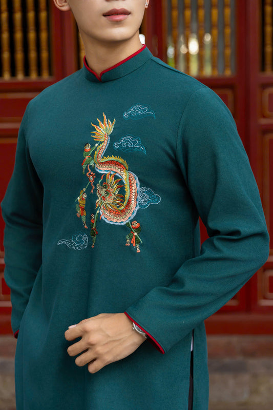 Dark Green Dragon Pattern Ao Dai Men- Traditional Ao Dai Men