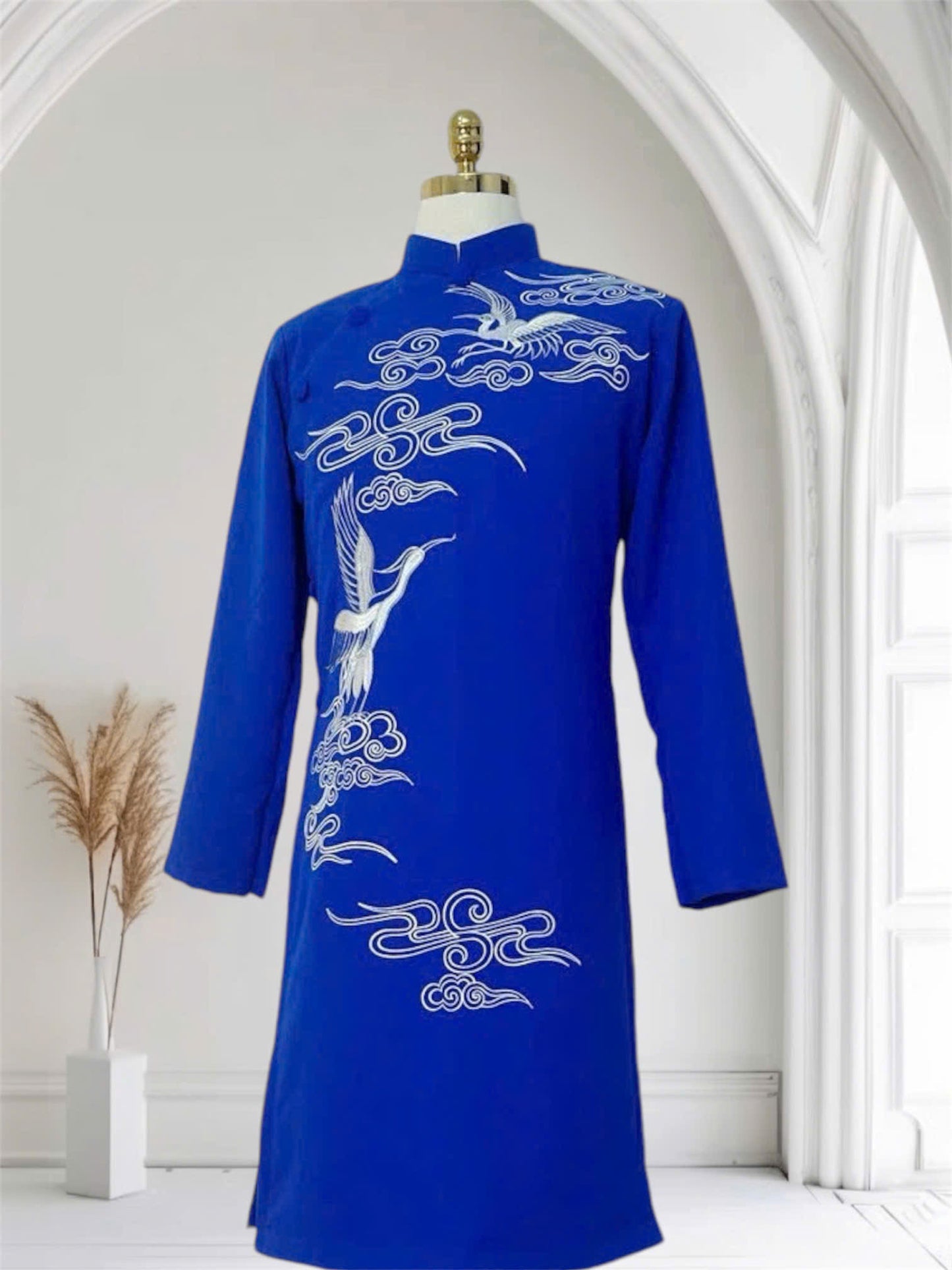 Blue or red Crane Embroidery Pattern Ao Dai Men - Traditional Ao Dai Men