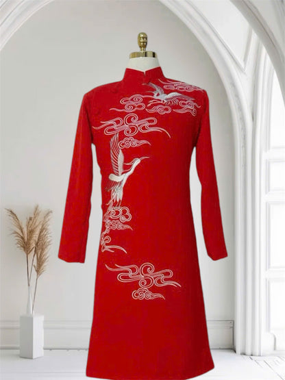 Blue or red Crane Embroidery Pattern Ao Dai Men - Traditional Ao Dai Men