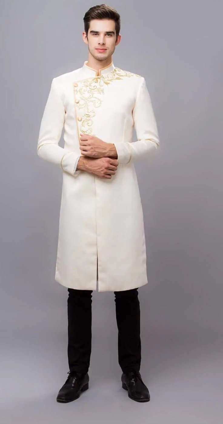 Cream Motif Embroidered Ao Dai For Men - Traditional Ao Dai Men Dress