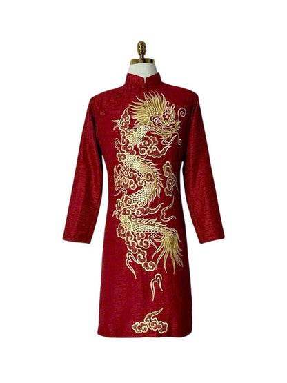 3 Color Ao Dai Men With Golden Dragon Embroidered - Traditional Ao Dai For Men