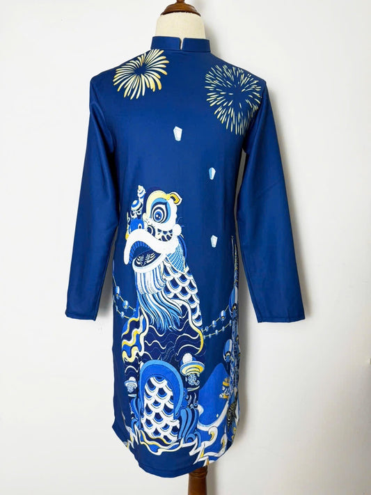 Men's Ao Dai - Blue Lân Printed Ao Dai | Modern Ao Dai Men