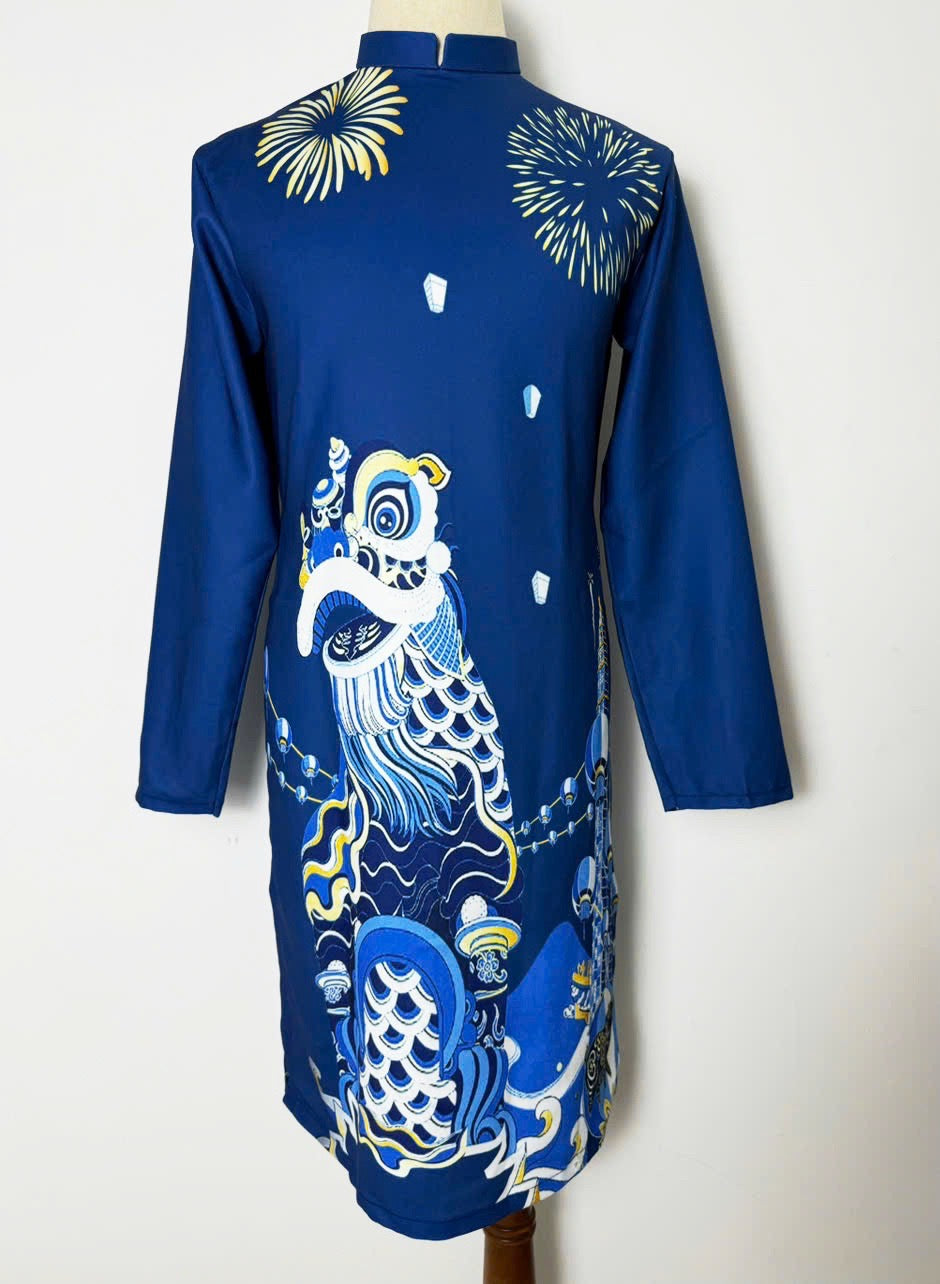 Men's Ao Dai - Blue Lân Printed Ao Dai | Modern Ao Dai Men