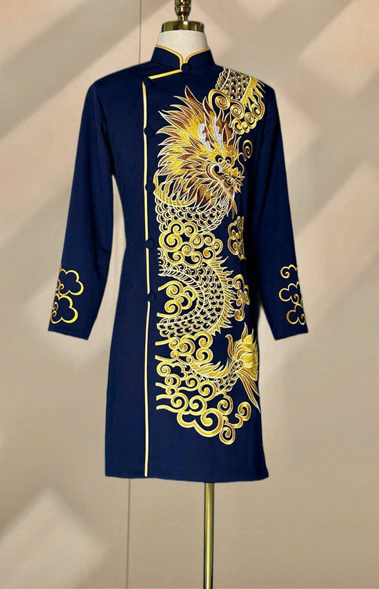 Golden Dragon Embroidered Ao Dai Men - Vietnamese Long Dress For Men