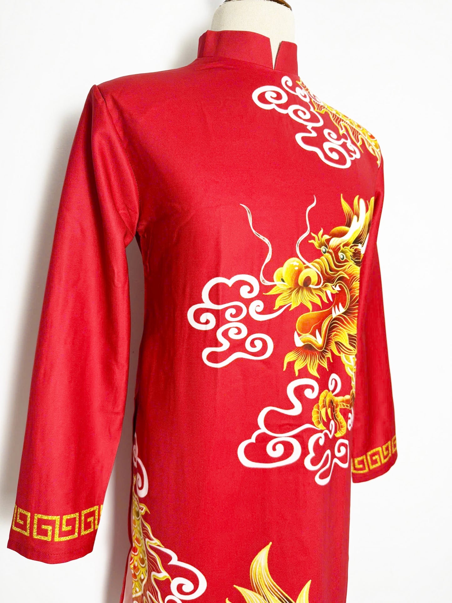 Men's Ao Dai - Red 3D Dragon Printed Ao Dai | Traditional Long Dress For Men