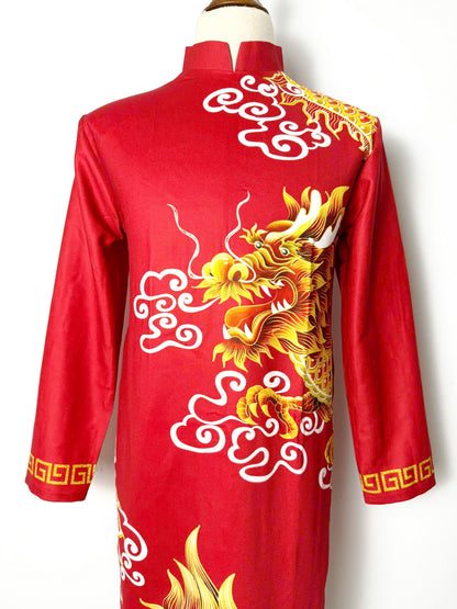 Men's Ao Dai - Red 3D Dragon Printed Ao Dai | Traditional Long Dress For Men