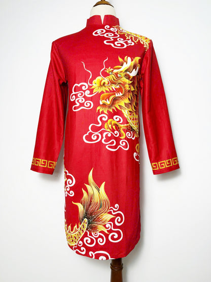 Men's Ao Dai - Red 3D Dragon Printed Ao Dai | Traditional Long Dress For Men