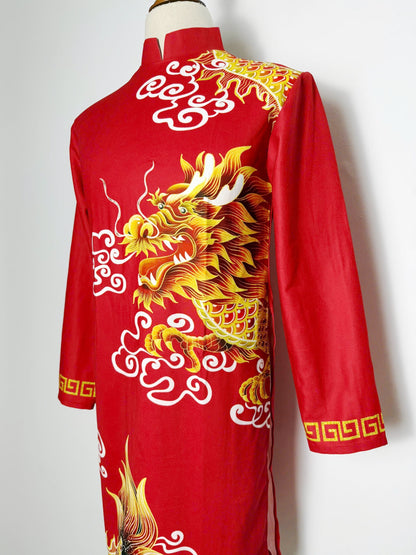 Men's Ao Dai - Red 3D Dragon Printed Ao Dai | Traditional Long Dress For Men