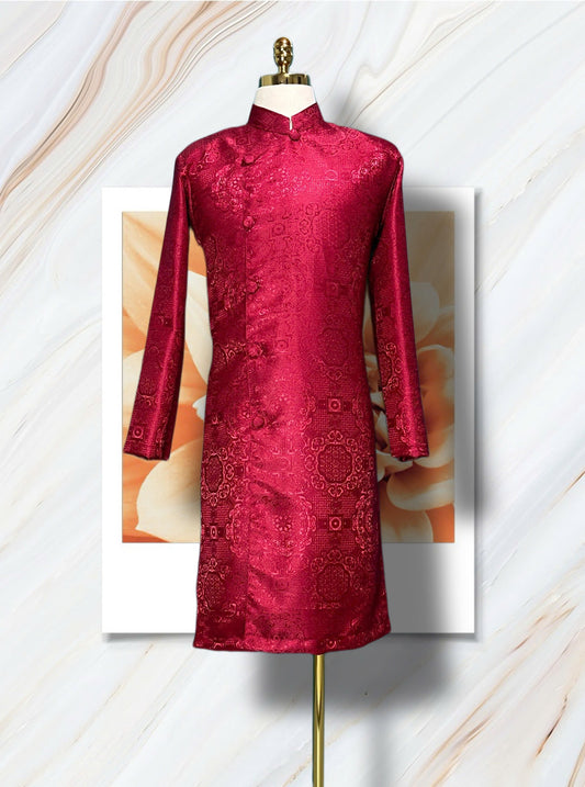 Dark Red Square Brocade Ao Dai For Men - Ao Dai Truyen Thong Nam | Men Dress