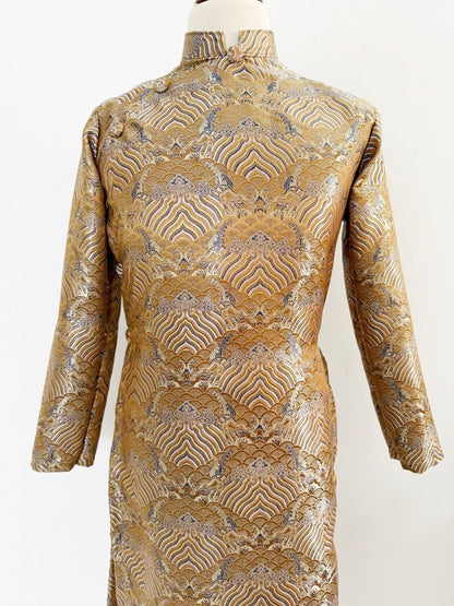 Men Golden Jacquard Gam Ao Dai | Pre-made Traditional Vietnamese Ao Dai