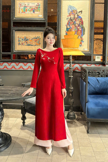 Red Velvet Ao Dai Designed 3D Floral - Ao Dai Dresses | Modern Ao Dai For Women