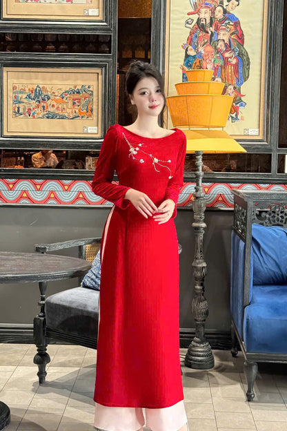 Red Velvet Ao Dai Designed 3D Floral - Ao Dai Dresses | Modern Ao Dai For Women