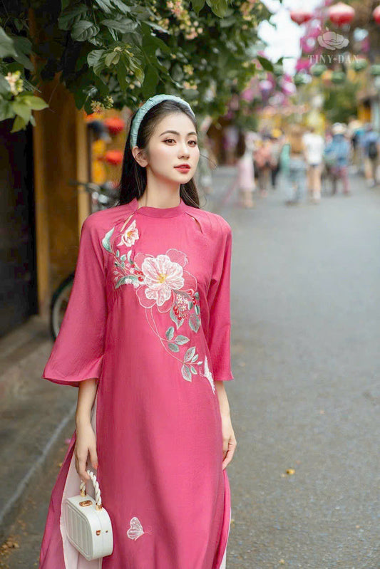 Magenta Floral Embroidery Ao Dai Dress | Pre-made Modern Ao Dai