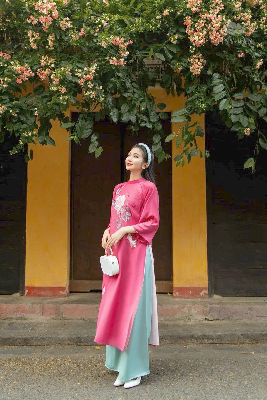 Magenta Floral Embroidery Ao Dai Dress | Pre-made Modern Ao Dai