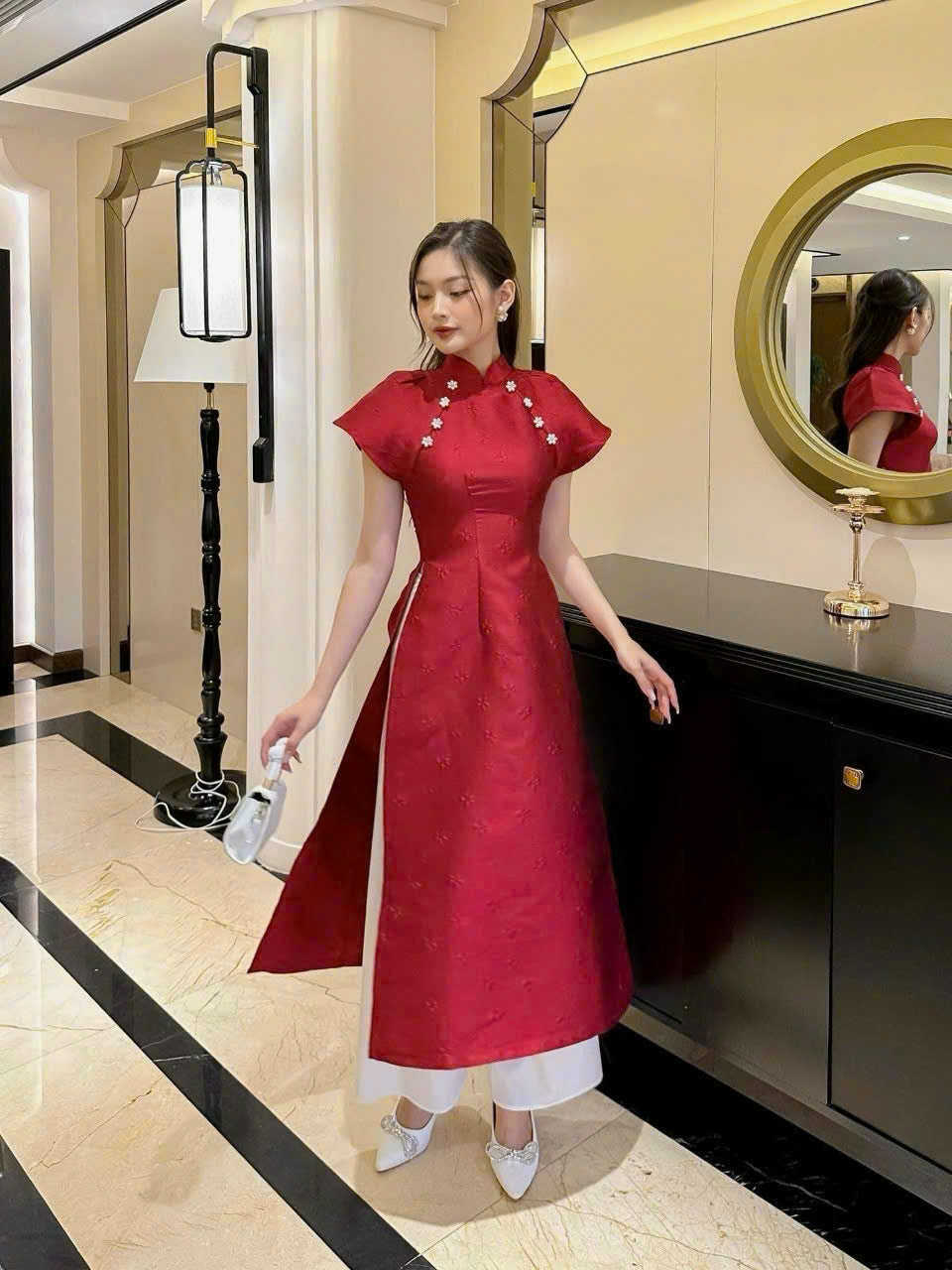 ABBY Red Taffeta Modernized Vietnamese Dress