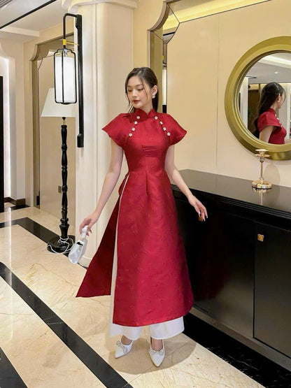 Red Taffeta Traditional Vietnamese Dress | Áo Dài Truyền Thống