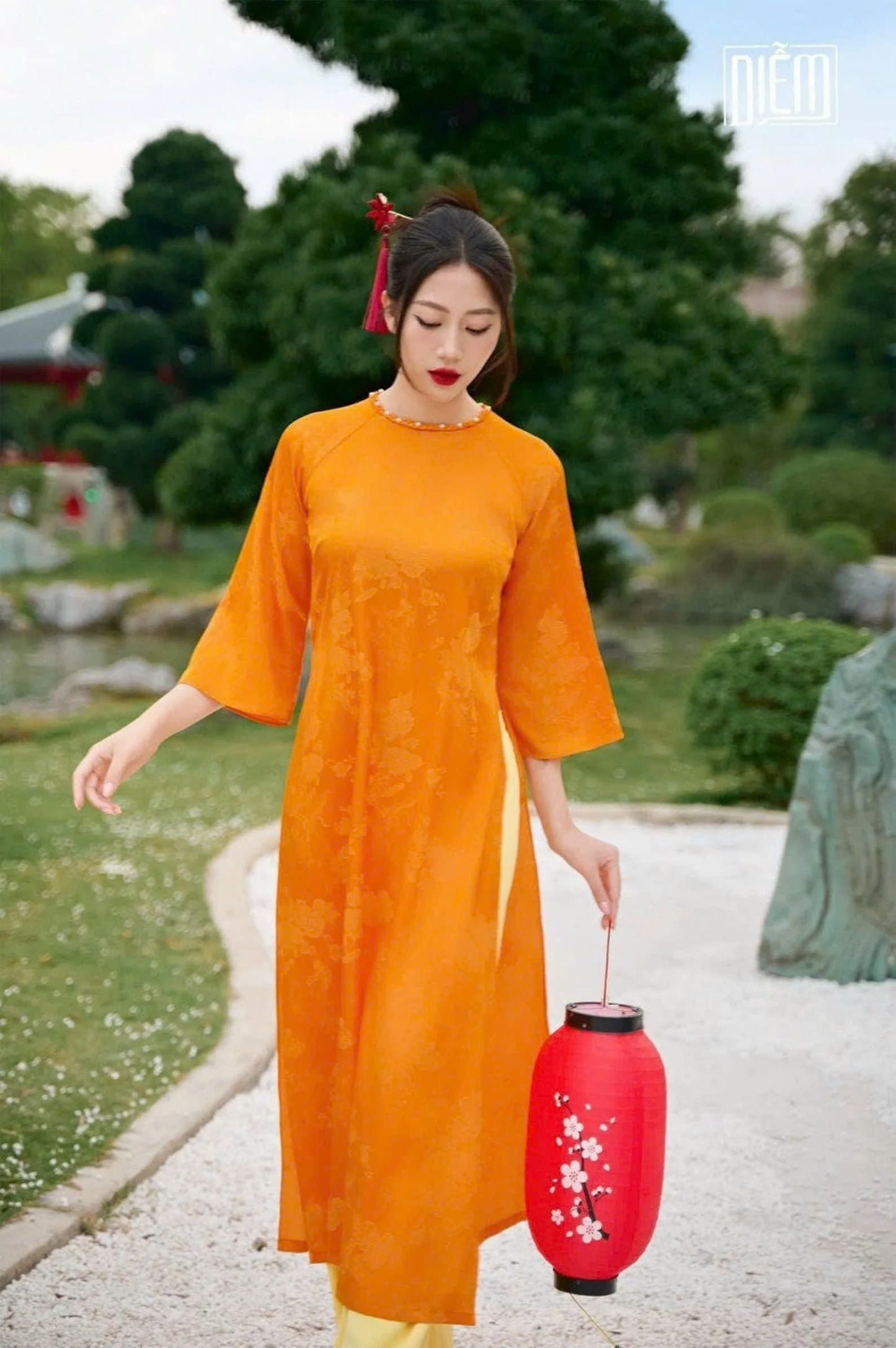 Orange Silk w Tie Round Neck Ao Dai | Jacquard Modern Ao Dai Set