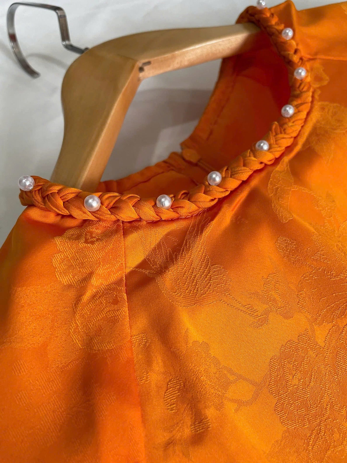Orange Silk w Tie Round Neck Ao Dai | Jacquard Modern Ao Dai Set