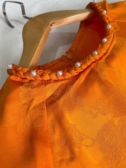 Orange Silk w Tie Round Neck Ao Dai | Jacquard Modern Ao Dai Set