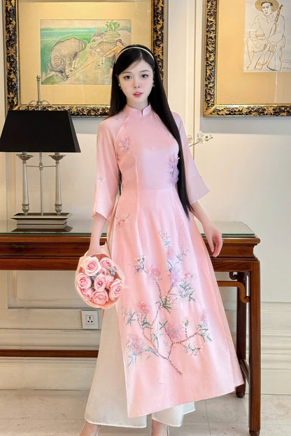 Pink Beaded Floral Ao Dai Modern - Áo Dài Cách Tân