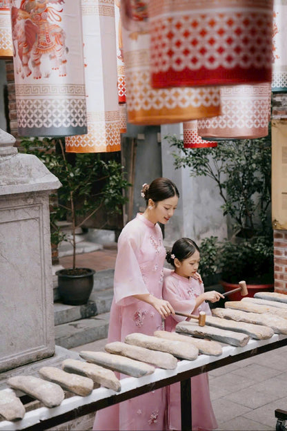 Pink Modern Ao Dai Matching Mother Daughter | Áo Dài Đôi Mẹ và Bé Gái