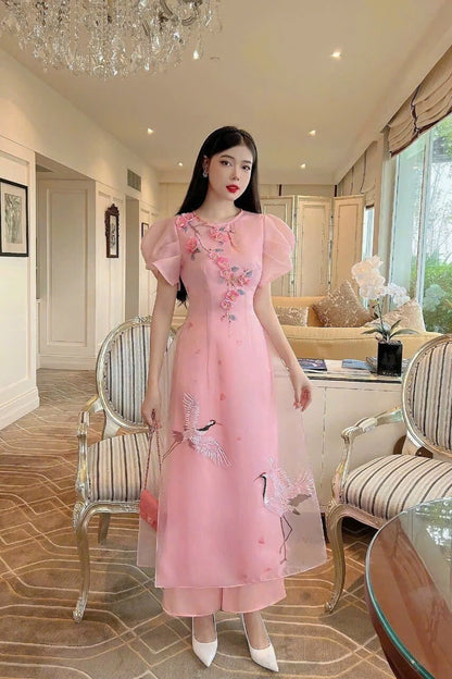 Cranes Sparkle Modern Ao Dai Set | Pink Ao Dai For Events