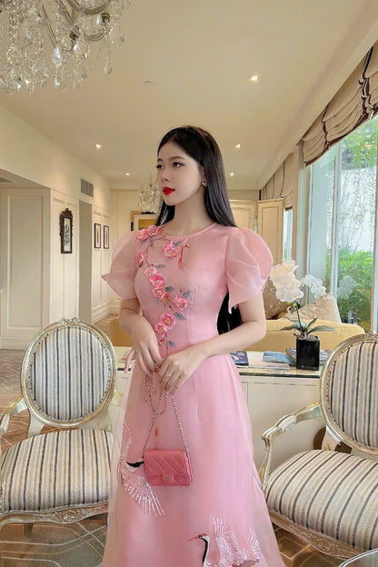 Cranes Sparkle Modern Ao Dai Set | Pink Ao Dai For Events