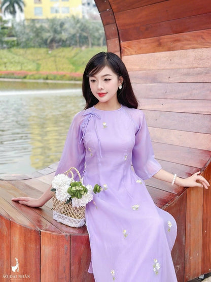 Modern Purple Double Layer Ao Dai Set | Floral Embroidery Ao Dai Set