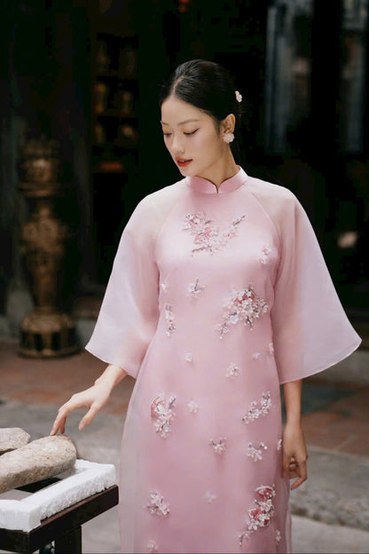 Pink Modern Ao Dai Matching Mother Daughter | Áo Dài Đôi Mẹ và Bé Gái