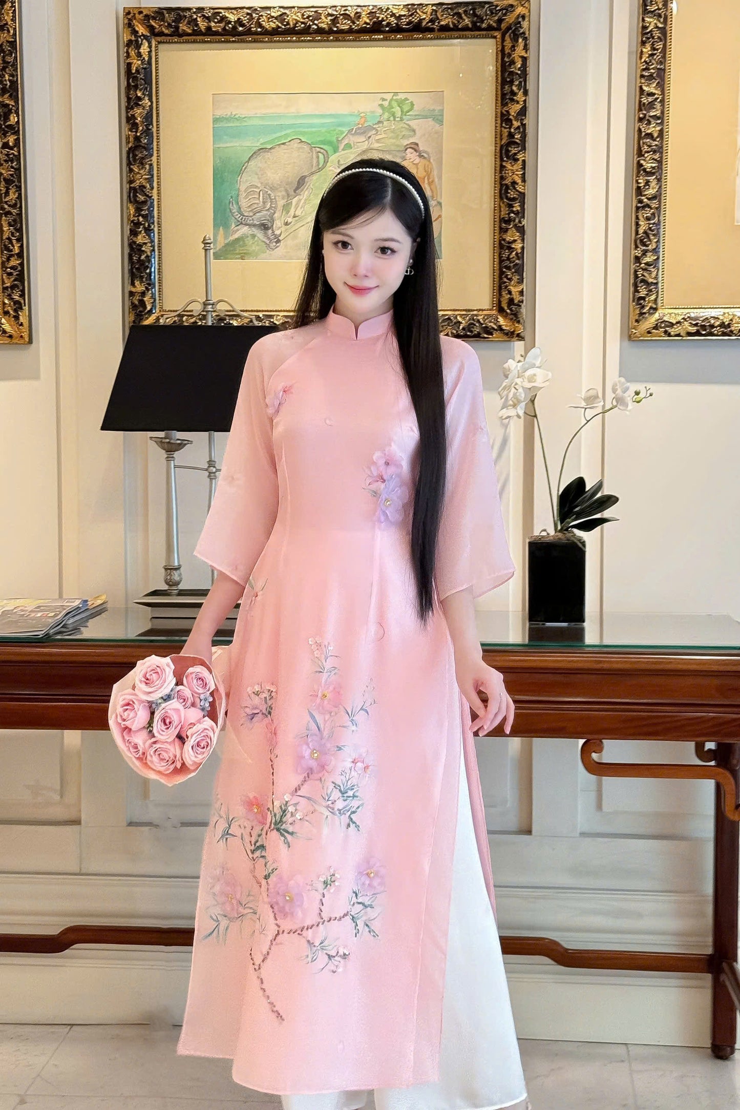 Pink Beaded Floral Ao Dai Modern - Áo Dài Cách Tân