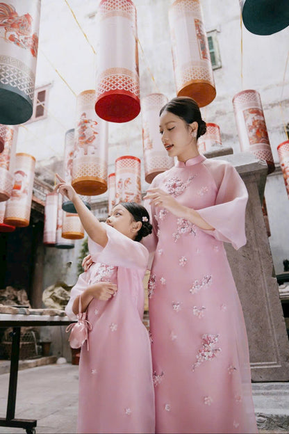 Pink Modern Ao Dai Matching Mother Daughter | Áo Dài Đôi Mẹ và Bé Gái