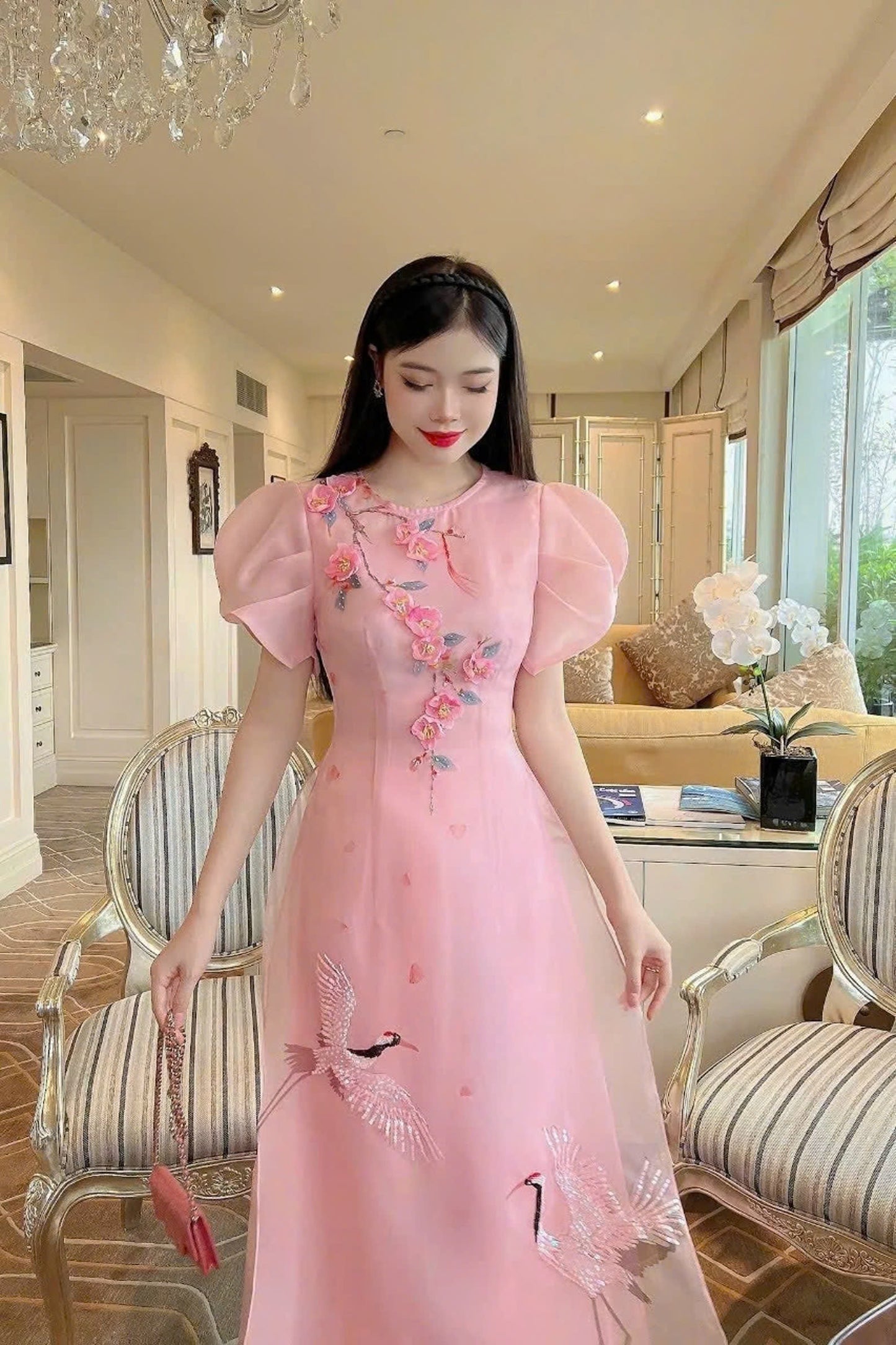 Cranes Sparkle Modern Ao Dai Set | Pink Ao Dai For Events